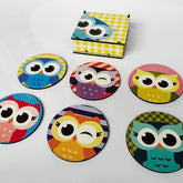 6 Porta Copos em MDF com Caixinha Artesanal Personalizados Corujas Descansos Coloridos